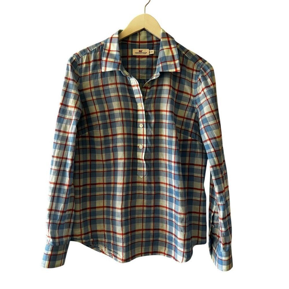 Vineyard Vines Womens Lightweight Top Blue Plaid 1/4 Button Sz 10 #2401